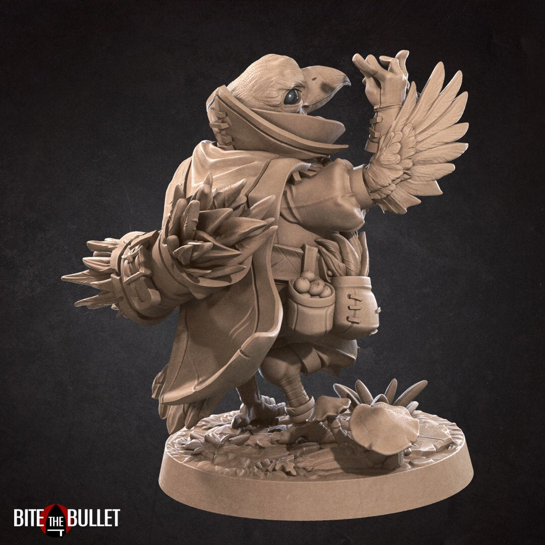 Kenku (anthropomorphic corvid) forager gathering herbs and berries; resin miniature by Bite the Bullet.
